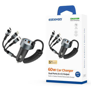 ESEEKGO 60w Retractable 3in1 Fast Car Charger