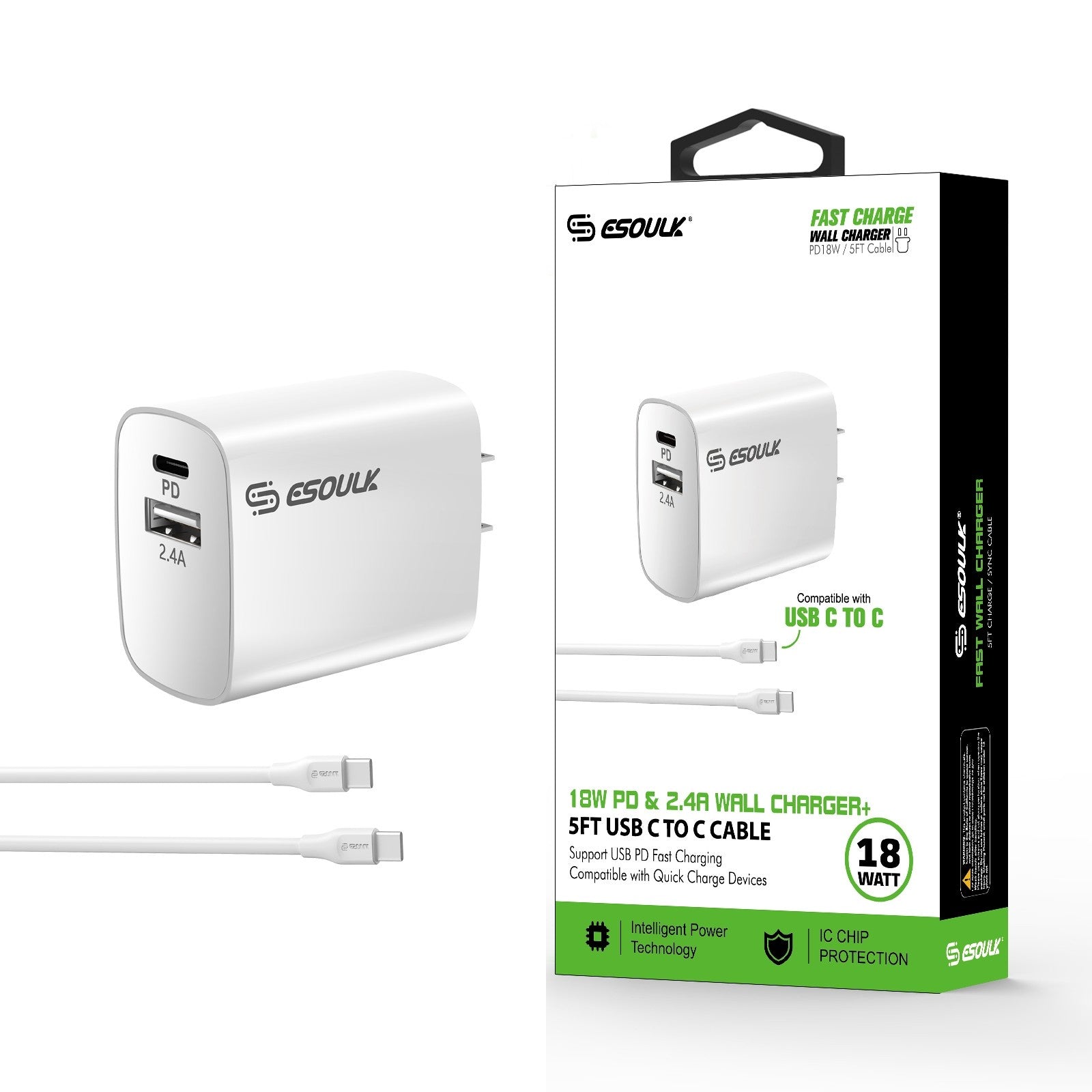 Esoulk Dual Port Type C To C Wall Charger With 5ft Cable