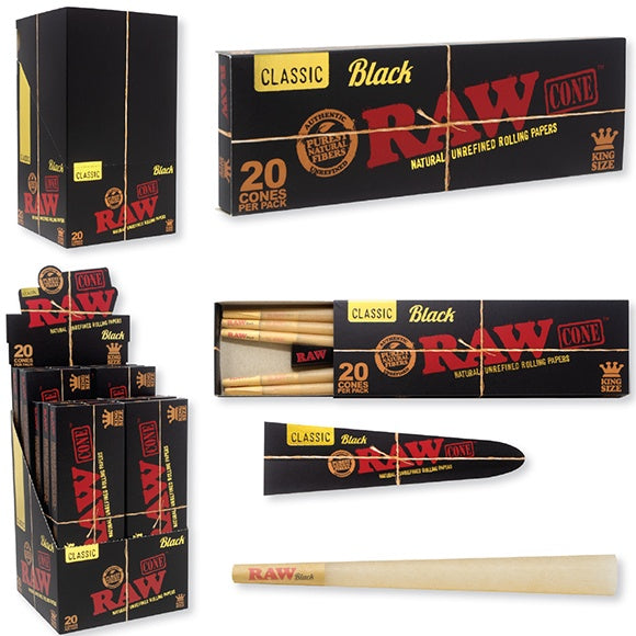 RAW Classic Black Edition Pre-Rolled Cones 20pk (King Size | 1 1/4) - 12ct Display