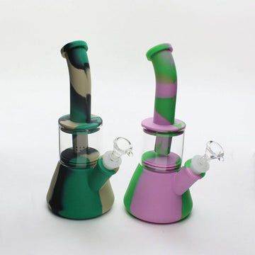 9.5" Colored Silicone Bent Neck Beaker with Glass Middle Water Pipe (MSRP: $24.99)
