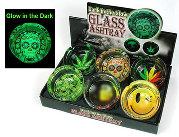 Glass Glow In The Dark Round Ashtray - 6ct Display (MSRP: $5.99ea)